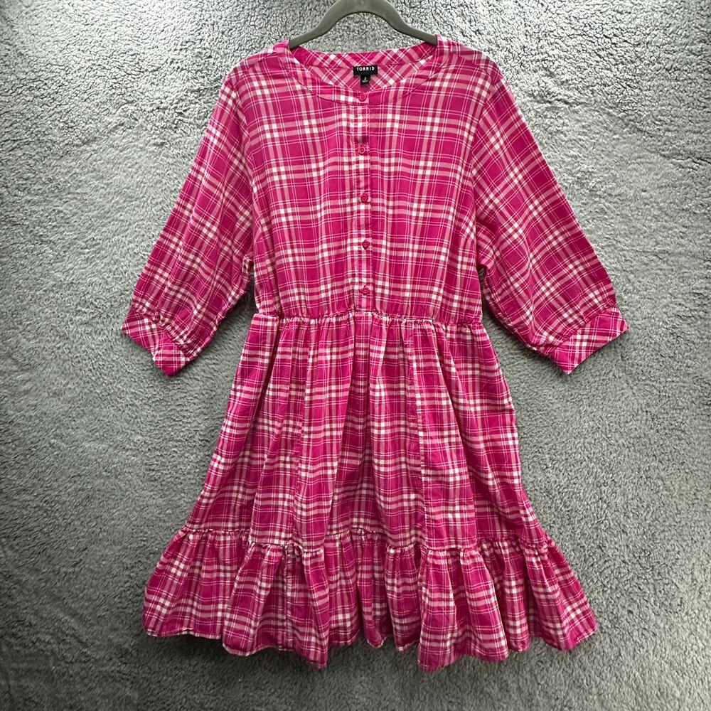 Torrid Size 2 Pink White Plaid Dress 3/4 Sleeves Elastic Waist Summer Party EUC